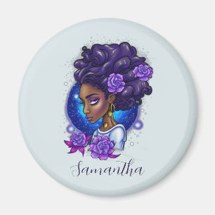 Imán Elegante Rosas púrpuras afromujer