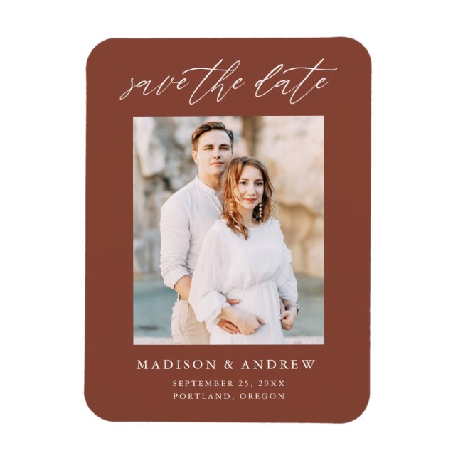 Imán Elegante Script Brown Photo Save The Date (Vertical)