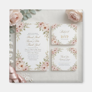 Imán Elegante Suite de Invitación a Boda Floral Rosa Ru