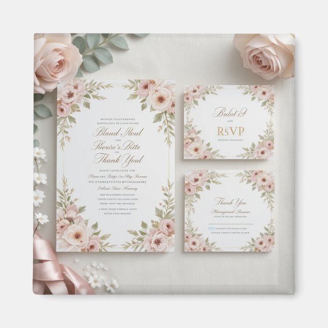 Imán Elegante Suite de Invitación a Boda Floral Rosa Ru (Frente)