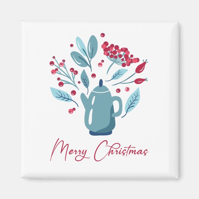 Imán Elegante Teapot Bouquet Feliz Navidad (Frente)
