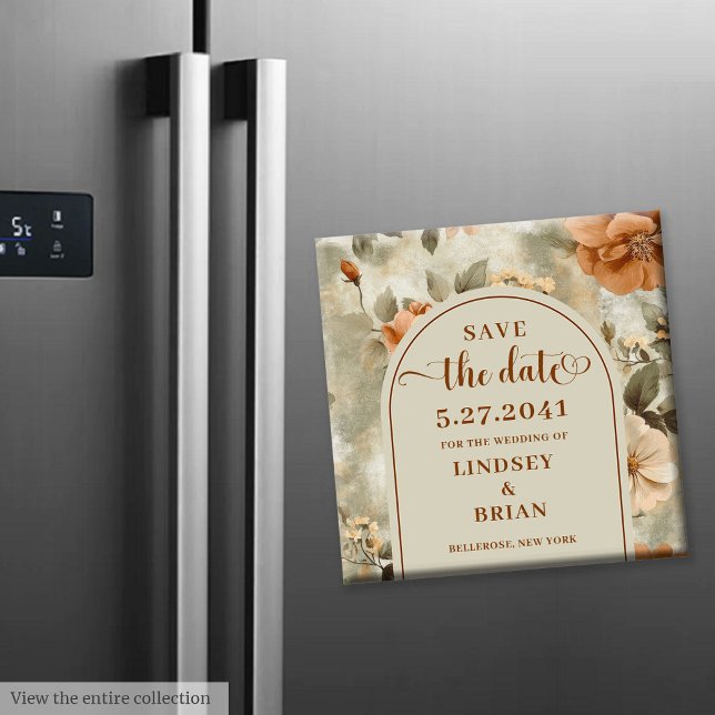 Imán Elegante Terracota Marfil Floral Sagrado Ahorra la (The most trendy wedding color scheme is terracotta, and this elegant boho Save the Date magnet captu)