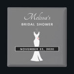Imán Elegante vestido blanco en gris - Ducha nupcial el<br><div class="desc">Bridal Shower salva el imán de fecha hecho con un elegante fondo gris. Un ilustracion gráfico de un elegante vestido blanco colgando de una percha. Diseño minimalista sencillo.</div>