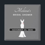 Imán Elegante vestido blanco en gris - Ducha nupcial el<br><div class="desc">Bridal Shower salva el imán de fecha hecho con un elegante fondo gris. Un ilustracion gráfico de un elegante vestido blanco colgando de una percha. Diseño minimalista sencillo.</div>