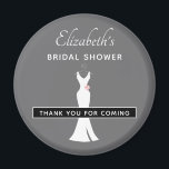 Imán Elegante vestido blanco en gris - Ducha nupcial el<br><div class="desc">Bridal Shower gracias imán hecho con un elegante fondo gris. Un ilustracion gráfico de un elegante vestido blanco colgando de una percha. Diseño minimalista sencillo.</div>