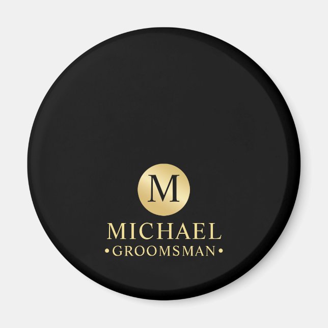 Imán Elegantes Groomsmen Personalizados en Negro y Oro (Frente)