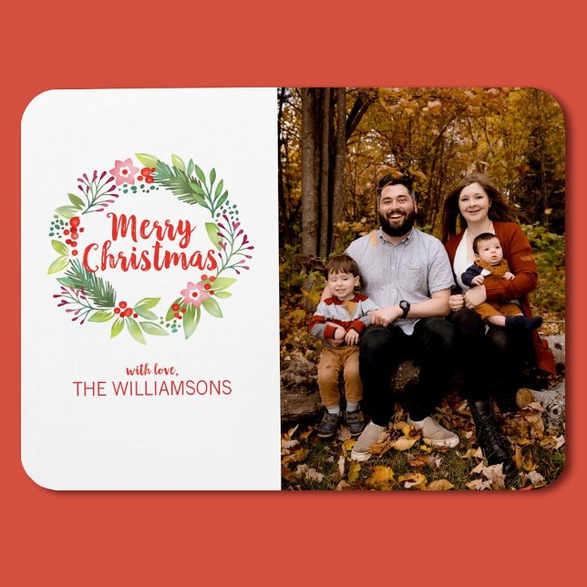 Imán Elegantes Navidades acuarela Wreath Photo Holiday (a pretty Christmas watercolor wreath photo magnet)