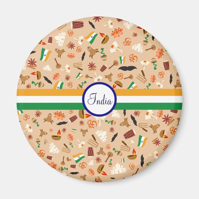 Imán Elementos culturales indios con bandera y texto (Frente)