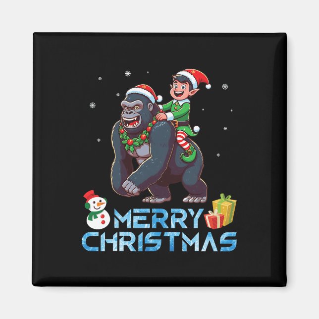 Imán Elf Riding Gorilla Snowman presenta Feliz Navidad (Frente)