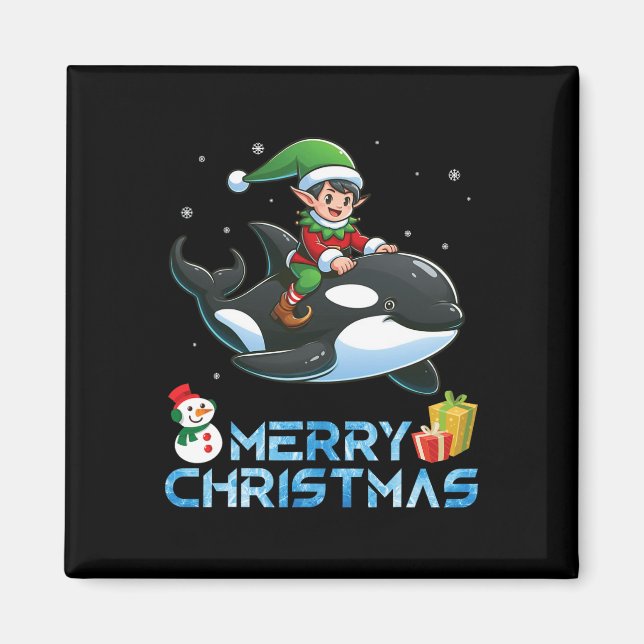 Imán Elf Riding Orca Snowman presente Feliz Día de Navi (Frente)