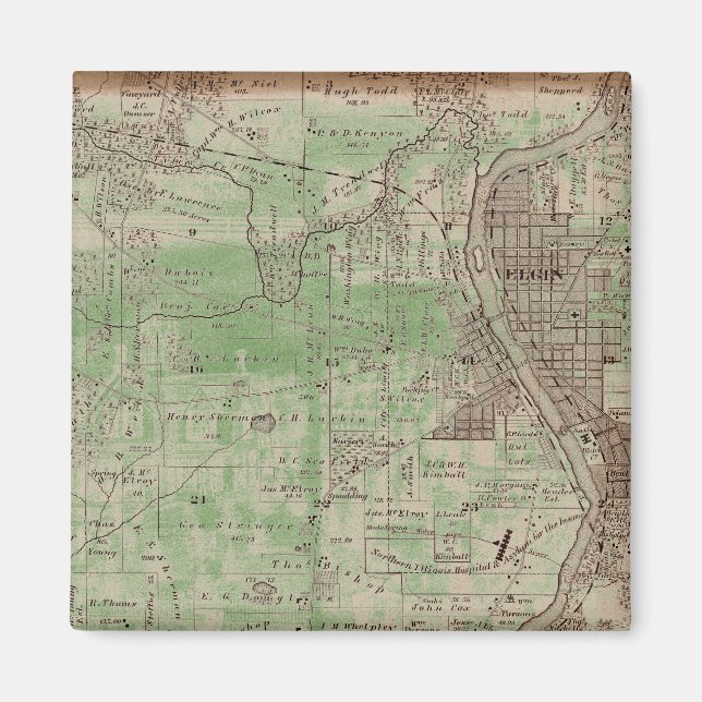 Imán Elgin Illinois 1870 Planta Map Fox River Downtown (Frente)