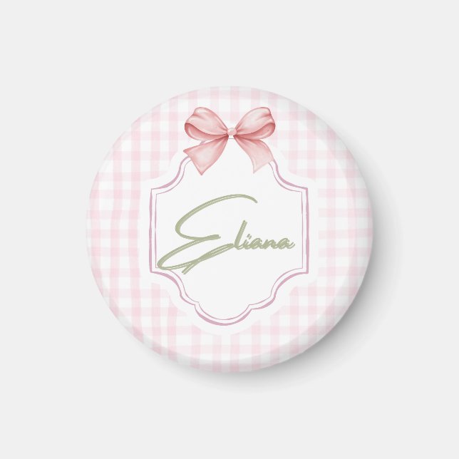 Imán Eliana Personalizada Pink Bow & Gingham Print (Frente)