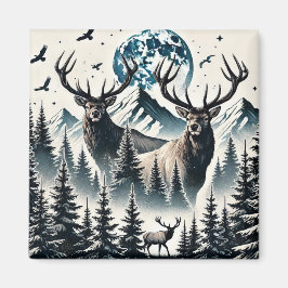 Imán Elk en un bosque místico bajo una montaña iluminad