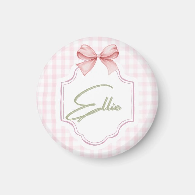 Imán Ellie Pink Bow personalizado y Gingham Print (Frente)