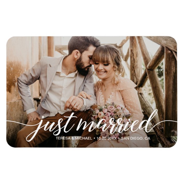 Imán Elopement Just Married Script Boda Foto (Horizontal)
