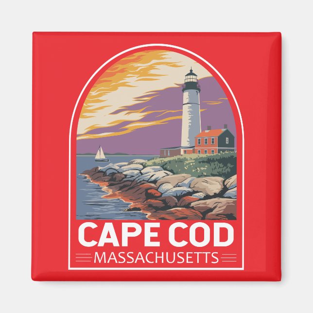 Imán Emblema de arte de viaje de Cape Cod Massachusetts (Frente)