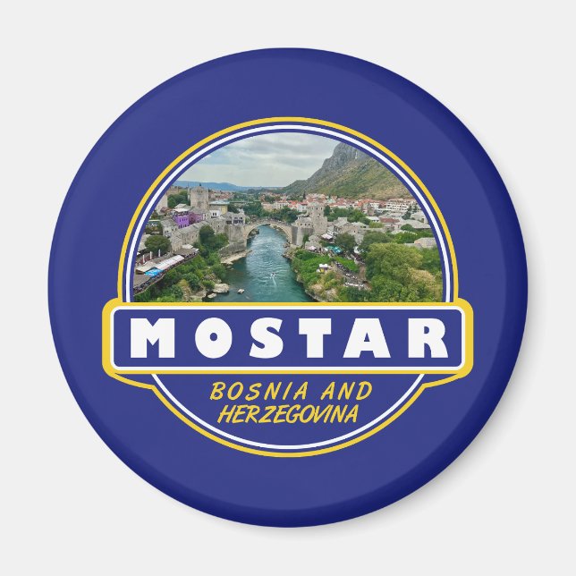 Imán Emblema de arte de viajes de Mostar Bosnia y Herze (Frente)