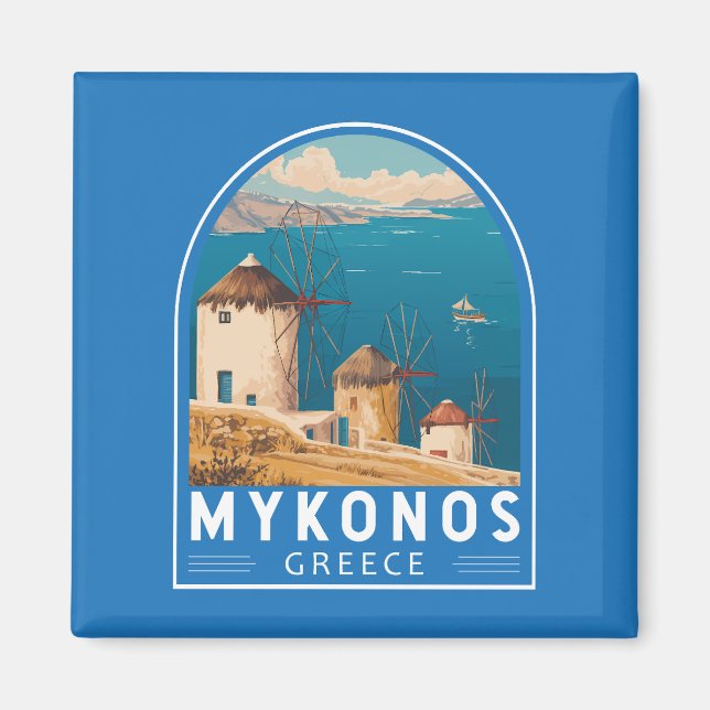 Imán Emblema de arte de viajes de Mykonos Grecia (Frente)