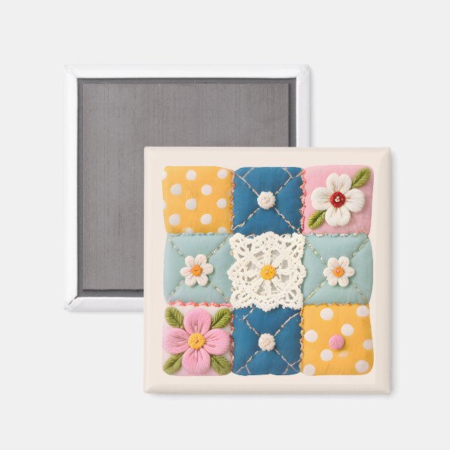 Imán Embroidered Lace and Flowers Quilt Block (Anverso/Reverso)