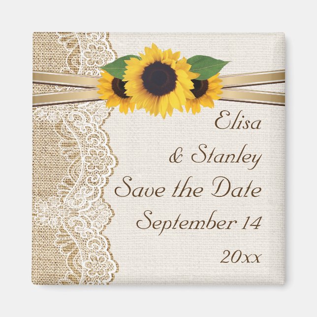 Imán Encaje y girasoles arpillera boda Save the Date (Frente)