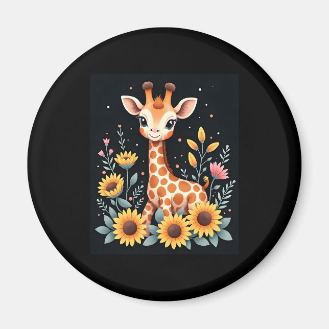 Imán Encantadora Girafa Rodeada De Flores De Larga Mang (Frente)