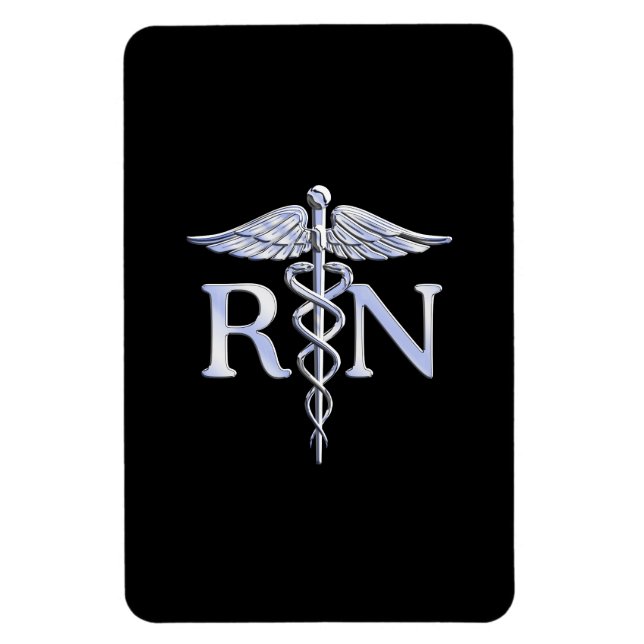 Imán Enfermera inscrita RN Silver Caduceus en negro (Vertical)