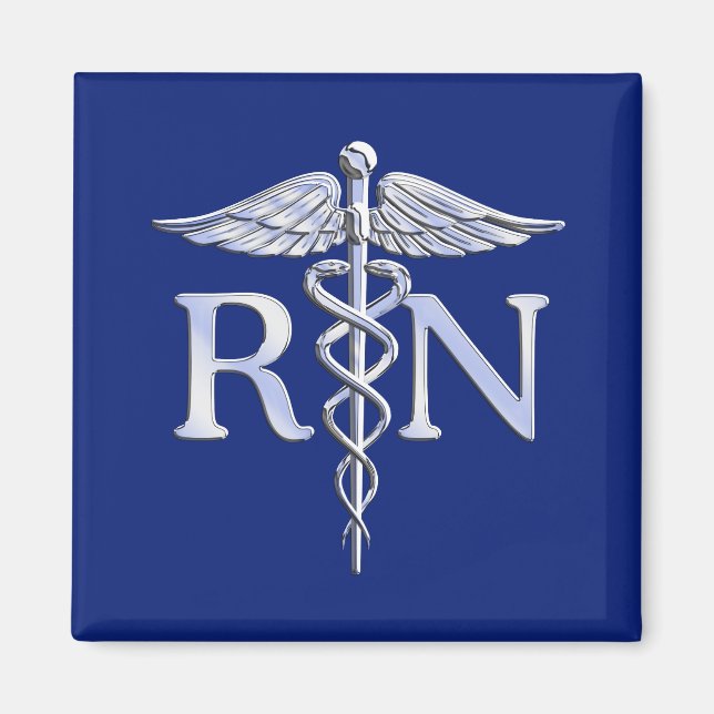 Imán Enfermera inscrita RN Silver Caduceus Navy Blue de (Frente)