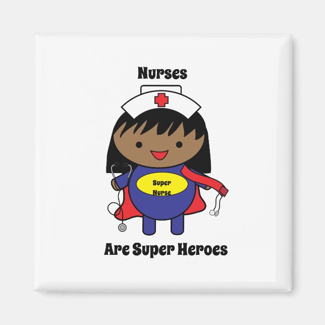 Imán Enfermera negra de Kawaii Super Hero Personalizado (Frente)