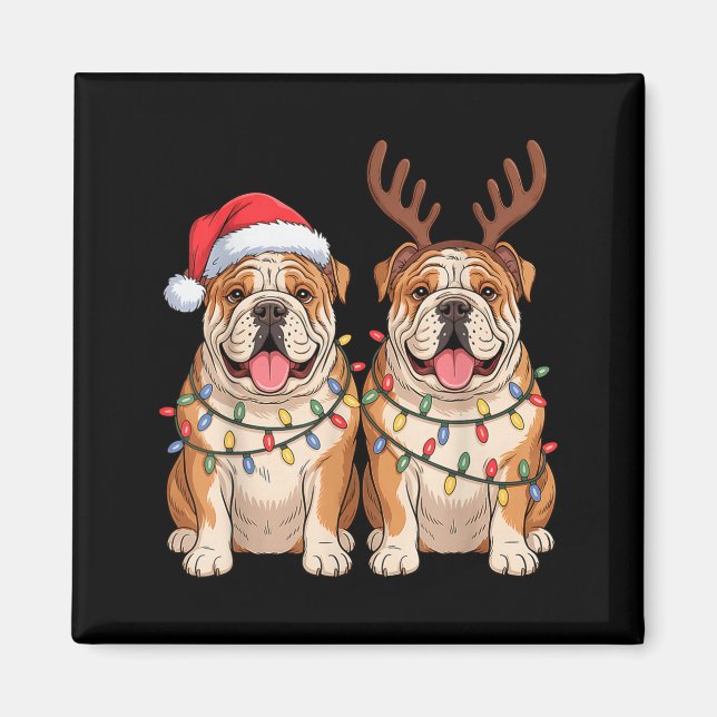 Imán English Bulldog Christmas Santa Hat Reindeer Light (Frente)