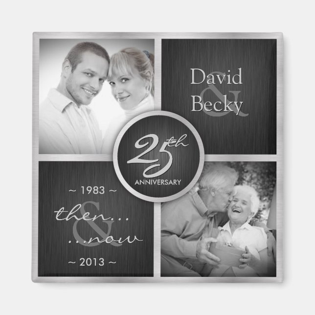 Imán Entonces y ahora elegante negro y plateado 25 Boda (Frente)