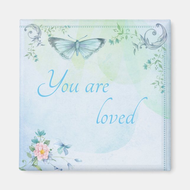 Imán "Eres amado" Mariposa Azul (Frente)