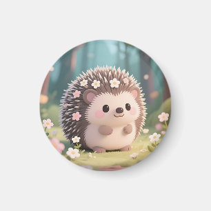Imán Erizo Adorable con Flores Bosque Kawaii