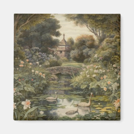 Imán Escena botánica de cisnes en un jardín inglés