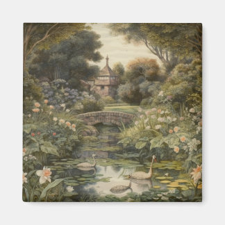 Imán Escena botánica de cisnes en un jardín inglés
