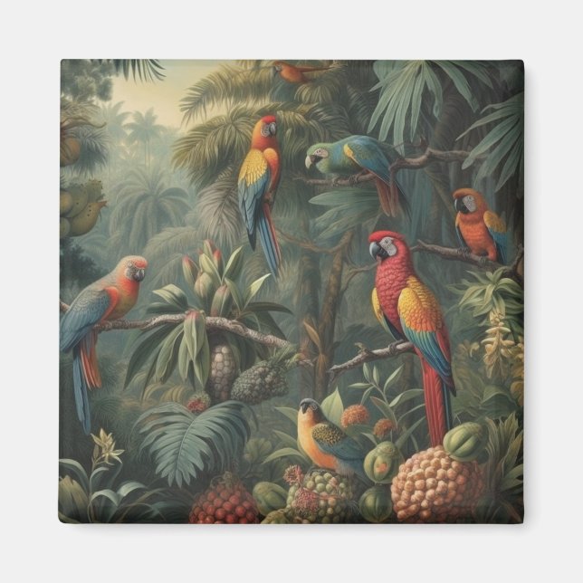 Imán Escena botánica de loros y piñas (Frente)