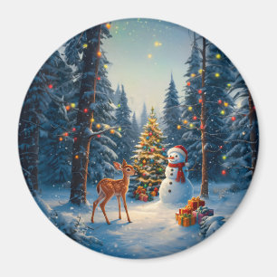 Imán Escena De Árbol De Navidad Cute Deer Fawn Snowman