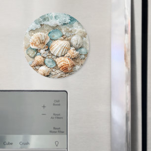 Imán Escena de conchas de mar costeras en acuarela con