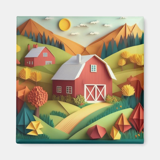 Imán Escena de granja de estilo Art Origami de papel (Frente)