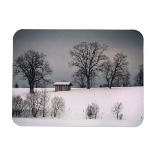 Imán Escena de invierno, colinas y árboles, cabaña