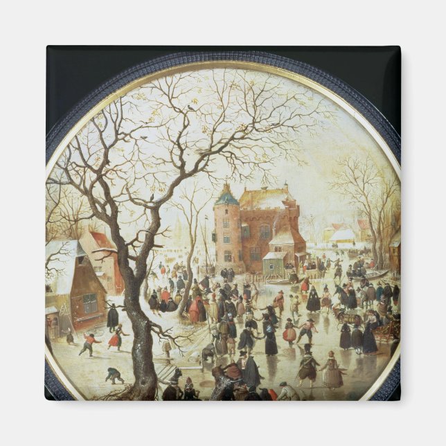 Imán Escena de invierno con patinadores cerca de un cas (Frente)