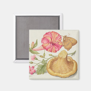 Imán Escena de jardín con flores, mariposa y hongo