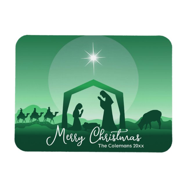 Imán Escena de la Natividad de Navidad Alegre Verde Rel (Horizontal)