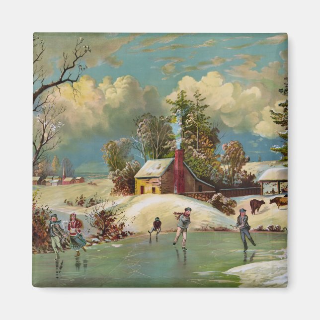 Imán Escena de Navidades de la Vida Invierno de Estados (Frente)