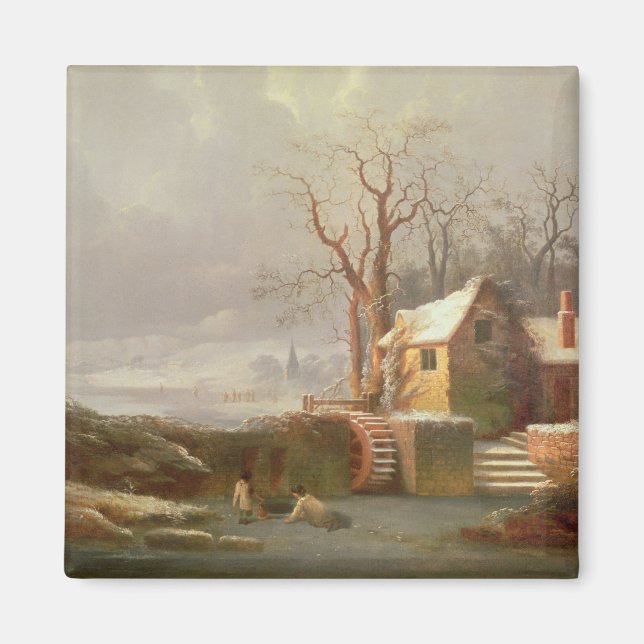 Imán Escena de nieve con molinos y cabañas (Frente)