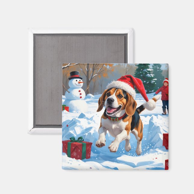 Imán Escena de nieve festiva de Navidad de Beagle (Anverso/Reverso)