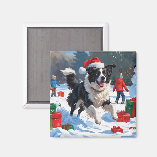 Imán Escena de nieve festiva de Navidad de Border Colli (Anverso/Reverso)