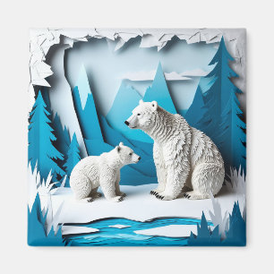 Imán Escena de osos polares de Papercraft en un bosque