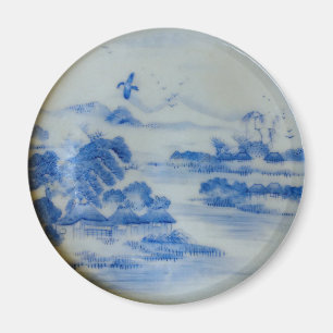 Imán Escena de pueblo japonés en porcelana con ave
