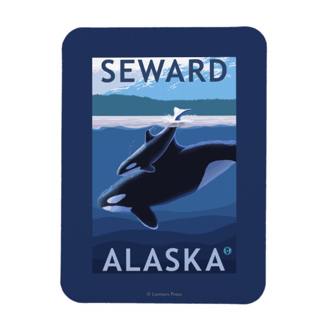 Imán Escena de Seward, AlaskaOrca y Calf (Vertical)