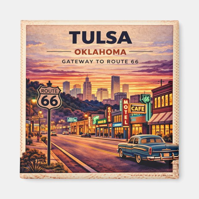 Imán Escena de viaje vintage Ruta 66 Tulsa Oklahoma (Frente)